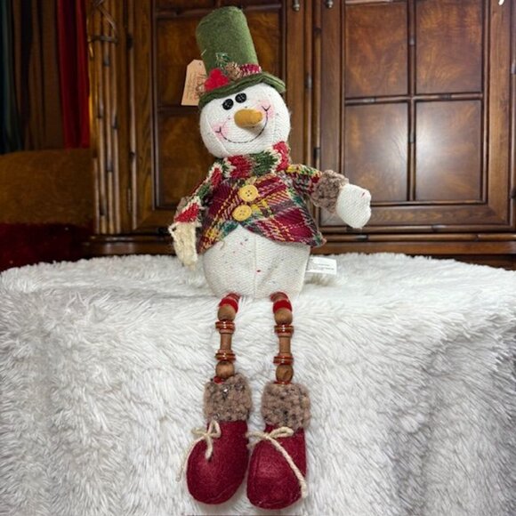 Vintage Hanna's Handiworks Plaid Coat Posing Arms Wood Bead Legs Sitting Snowman - Picture 7 of 14